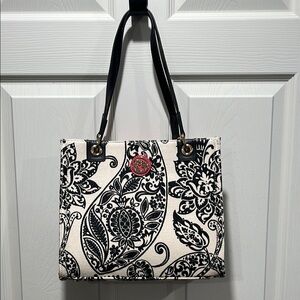 Spartina Black / Cream Paisley Floral Natural Linen and Leather Tote Bag